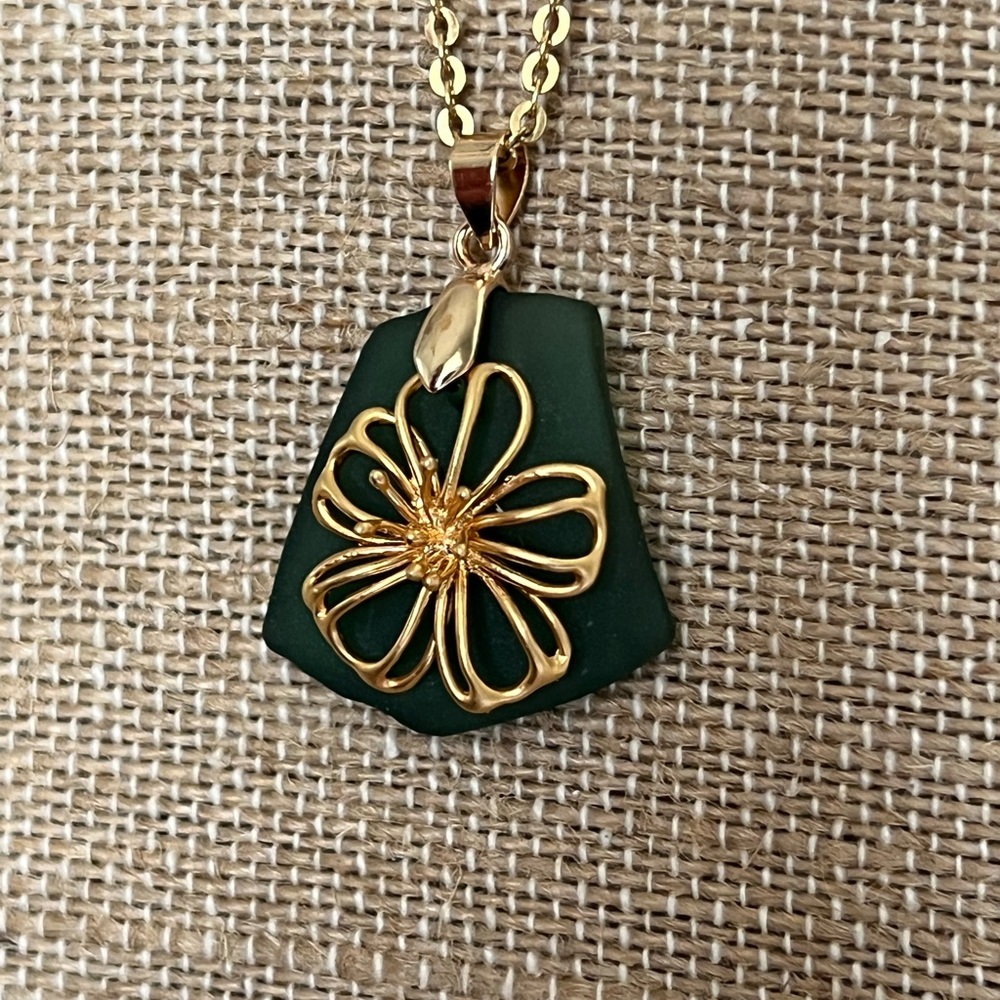 Hand Crafted Green Sea Glass Necklace Pendant with a Gold Flower